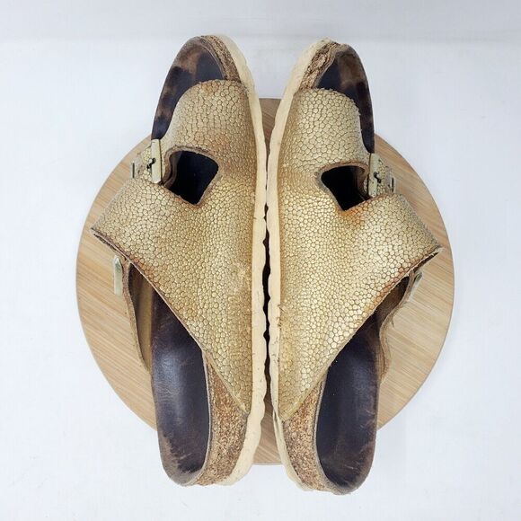 Birkenstock Arizona 38 Womens 7 Sandals Gold Pebble Leather Reptile Buckle Slide - Picture 10 of 12